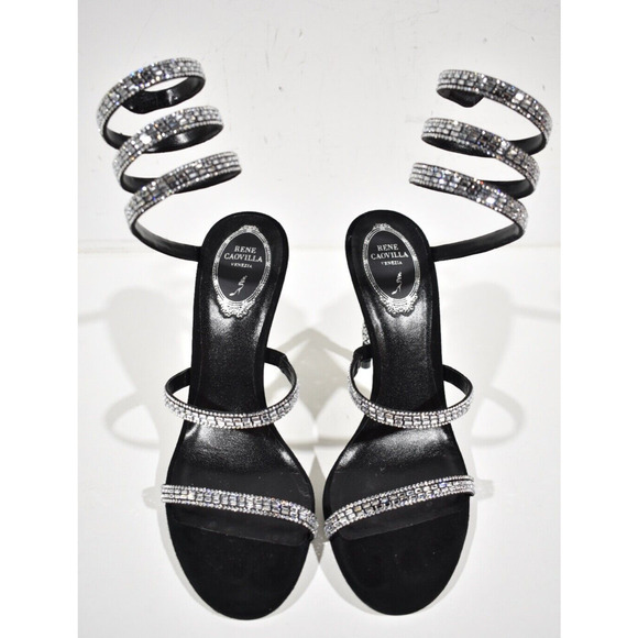 Rene Caovilla Margot Black Silver Crystal Ankle Wrap Strap Sandal Heel Pump 38 - Picture 6 of 12